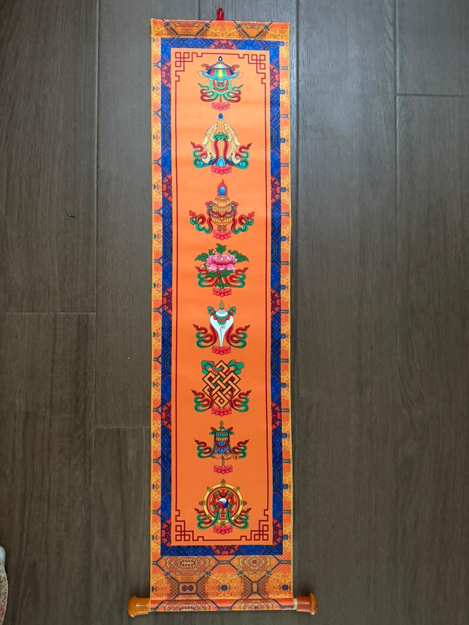 Tranh Treo 8 Biểu Tượng Cát Tường Ashtamangala – Tranh Lụa Phật Giáo Tây Tạng