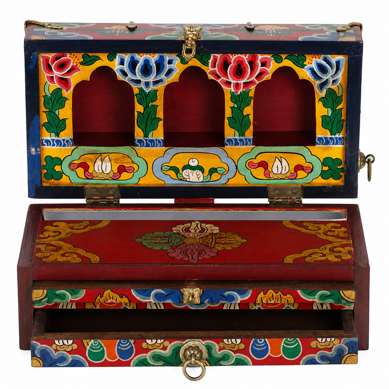 Portable Tibetan Buddhist Altar Box | Hand-Painted Wooden Travel Shrine from Tibet