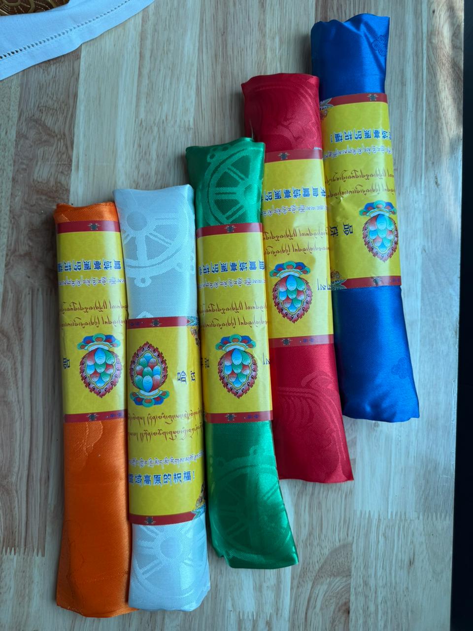 Premium Set of 5 Tibetan Khata Scarves, Five Colors, 27 x 270 cm, Buddhist Offering Scarves for Altar and Ceremony